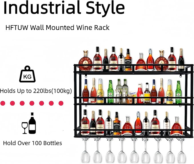 Metal Wine Rack Wall Mounted, Bar Shelves for Liquor Bottles with LED Light, 3 Tier Large Capacity Liquor Rack Wall Mounted with Glass Holder for Home Bar & Dining Room （Gold, 39in/100cm）