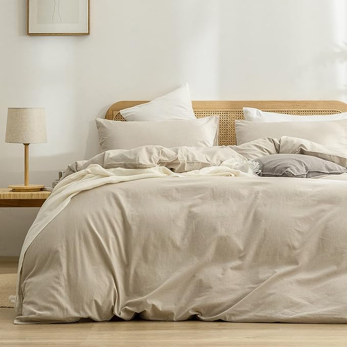 BESTOUCH Duvet Cover Set 100% Washed Cotton Linen Feel Super Soft Comfortable Chic Lightweight 3 PCs Home Bedding Set Solid Almond Milk Grey Queen