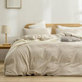 BESTOUCH Duvet Cover Set 100% Washed Cotton Linen Feel Super Soft Comfortable Chic Lightweight 3 PCs Home Bedding Set Solid Almond Milk Grey Super King