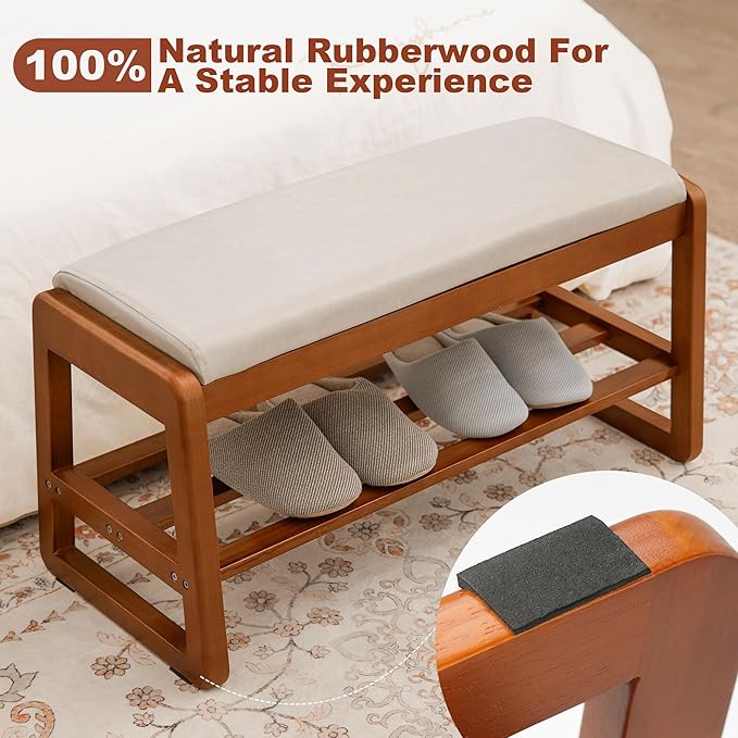 Shoe Bench Storage Rubberwood with Leather Cushion 39.4", Waterproof Easy to Clean 550LBS Organizer Shoe Rack for Entryway, Hallway, Mudroom, Front Door
