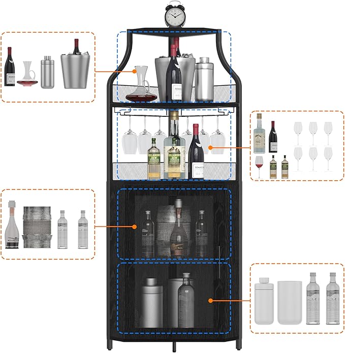 GarveeHome Corner Wine Cabinet with Detachable Wine Rack, 5-Tier Industrial Corner Bar Cabinet with Barn Door and Glass Holder, Farmhouse Buffet Cabinet and Home Bar, Black