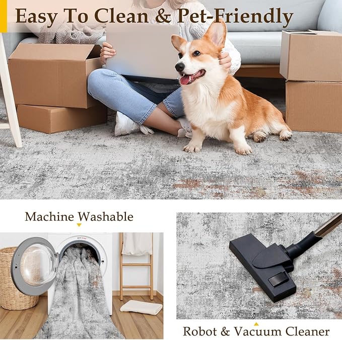 9x12 Washable Area Rug Grey Rust Modern Neutral Abstract Living Room Bedroom Indoor Floor Carpet Low Pile Soft Non-Slip Lightweight Vacuumable Large Throw Rug for Kitchen Dining Room