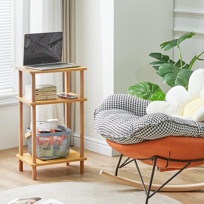 IBUYKE 3-Tier Side Table, Solid Wood Tall End Table with Storage Shelves, Nightstand Bedside Table for Living Room Bedroom Office, No-Tool Assembly, Natural UWST003N