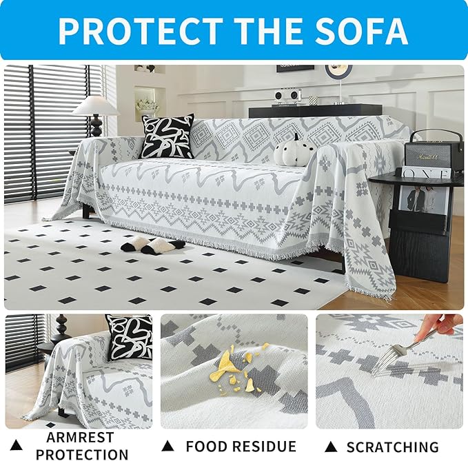 LUFEIJIASHI Boho Couch Covers for Sofa Non Slip Sofa Covers Washable Couch Covers for 3 Cushion Couch Sofa Pet Friendly Sectional Couch Cover Blanket Furniture Protector for Dogs (Grey, 71"x150")