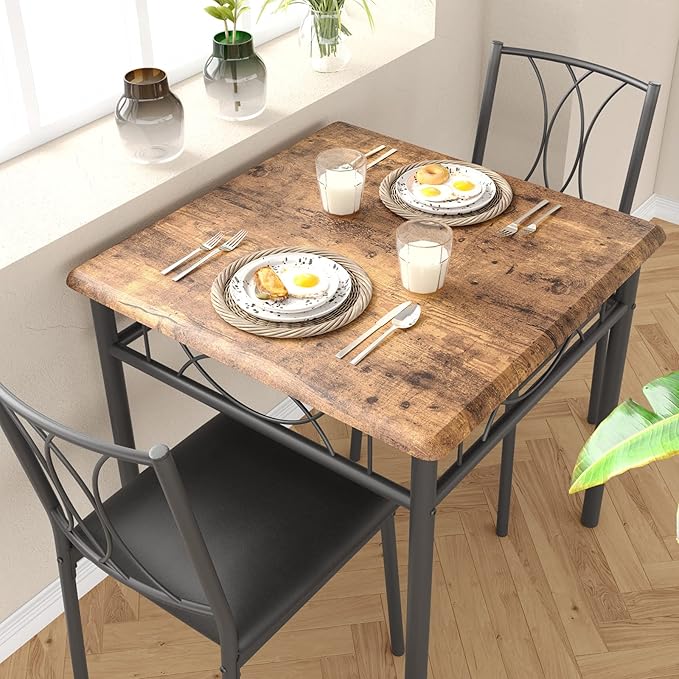Dining Table Set for 2, Kitchen Table with 2 Upholstered Chairs, Wood 3-Piece Kitchen Dining Room Table Set for Apartment, Small Space, Space Saving, Retro Brown