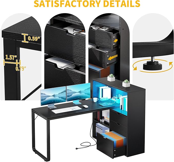 DWVO L Shaped Desk with Drawers, 55" Corner Computer Desk with Bookshelf & Power Outlets & LED Lights, Home Office Desk with Storage Shelves, Black