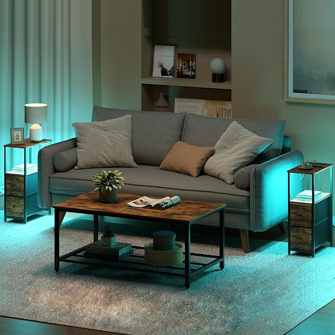 TUTOTAK Small Narrow LED End Table with Charging Station, Side Table Outlets, Nightstand with 2 Cloth Drawers, Set of 2, Couch Table, for Living Room, Bedroom, Bedside, Brown TB01BB056