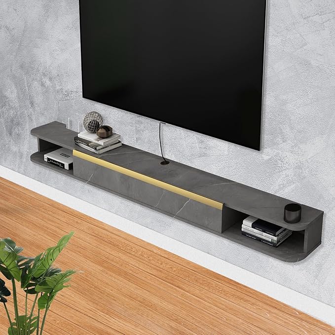 Floating TV Stand, 63'' Wall Mounted Entertainment Center TV Media Console, Floating Shelves with Door, Floating TV Cabinet Large Storage TV Bench for Living Room (Dark Grey, 62.99IN)