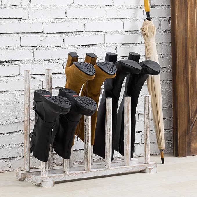 MyGift Shabby Whitewashed Wood Boot Rack Organizer Tall Boots Inverter Holder - Holds up to 6 Pairs