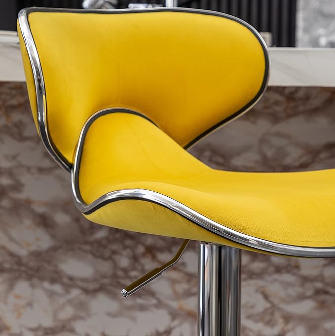 Roundhill Furniture Masaccio Velvet Upholstered Adjustable Swivel Barstool, Set of 2, Yellow