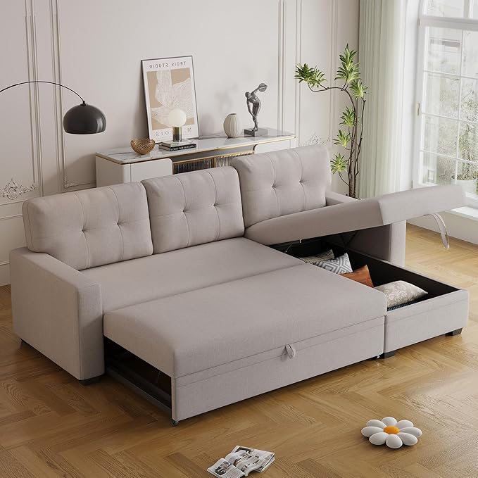 Ball & Cast Convertible Sectional Sleeper Sofa Bed L Shaped 4 in 1 Pull Out Couch with Reversible Storage Chaise & Removable Back Cushions,Sleeper Corner Pull Out Sofa Bed Couch for Living Room,Office