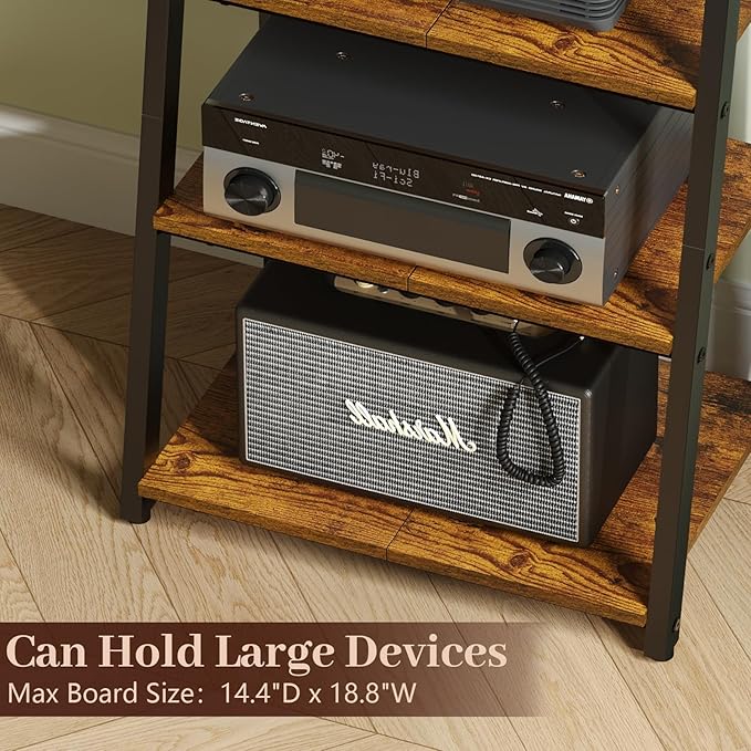 4-Tier AV Media Stand with 2 Hooks,Heavy Duty Stereo Cabinet Furniture-Large Stereo Rack and Game Console Stand,Wooden Record Player Stand,Audio Stand Perfect for DVD Players/Game Console/TV Box/Xbox