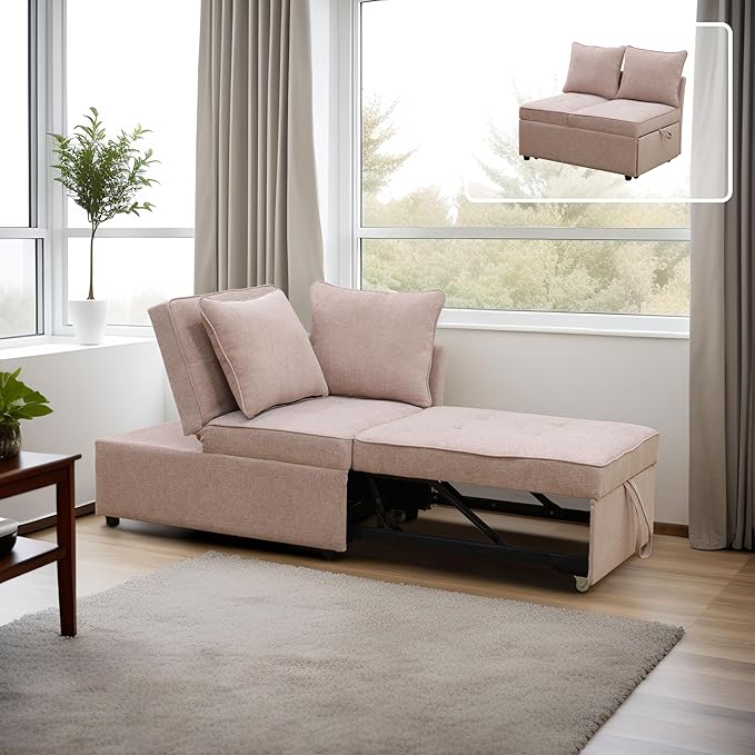 Sleeper Sofa, 4-in-1 Convertible Ottoman Couch Bed, Modern Sackcloth Futon Sofa Bed with 2 Pillows Adjustable Backrest, Recliner Folding Loveseat for Living Room, Apartment Dorm, Office,Pink