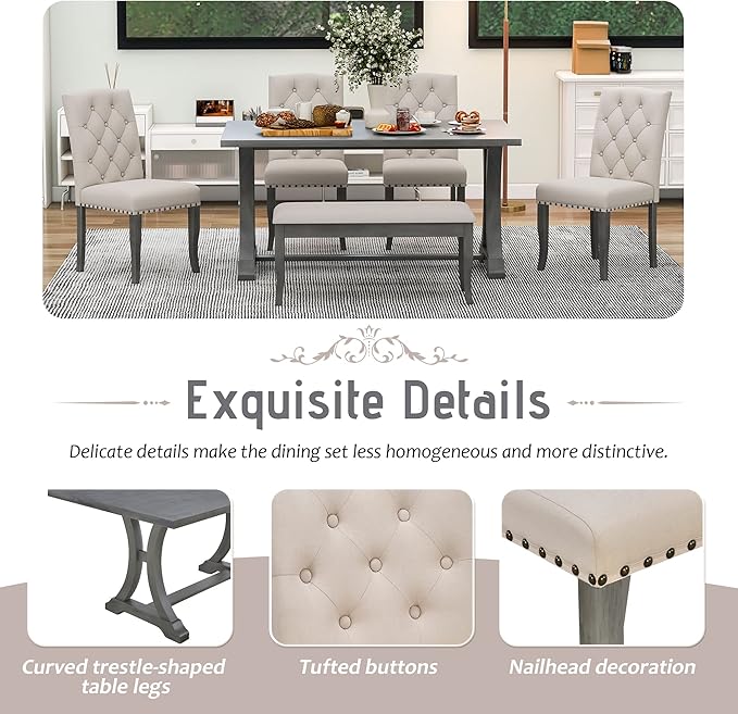 Ball & Cast Dining Table Set for 6, 60" Rectangular Dining Room Table with 4 Upholstered Chairs and 1 Bench, 6-Piece Farmhouse Dining Furniture Set with Solid Wood Legs for Kitchen,Antique Gray