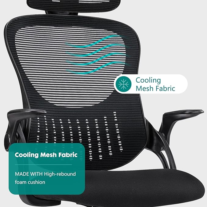 SMUG Office Chair Ergonomic Desk Lumbar Support, Computer Chairs Gaming Mesh with Wheels and Headrests, Flip-up Arm,Adjustable Position for Home, Work, Study, Black