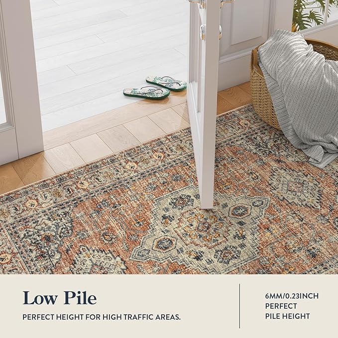 Lahome Oriental Small Area Rug, 2x4 Soft Washable Rugs for Entryway Kitchen, Non-Slip Ultra-Thin Indoor Door Mat Distressed Vintage Small Carpet for Bathroom Bedroom, Peach/Orange
