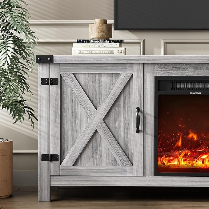 YESHOMY Fireplace TV Stand with Two Barn Doors and Storage Cabinets for Televisions up to 65+ Inch, Entertainment Center Console Table, Media Furniture for Living Room, 58 Inch, Gray Wash