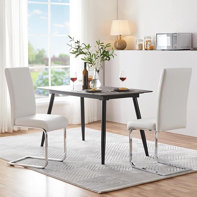 Yaheetech Dining Chairs Set of 4 Modern Faux Leather Upholstered Dining Room Chairs with High Back and Metal Chrome Legs for Kitchen/Living Room/Restaurant, White