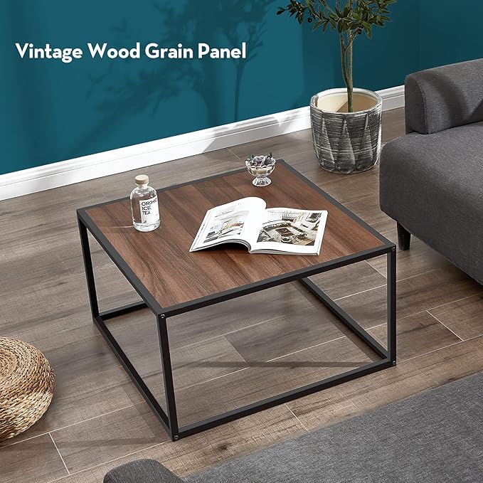 SAYGOER Farmhouse Coffee Table Rustic Wood Coffee Tables Mid Century Modern Coffe Tables for Small Spaces Simple Square Low Center Table for Living Room Home Office Boho Style, Walnut