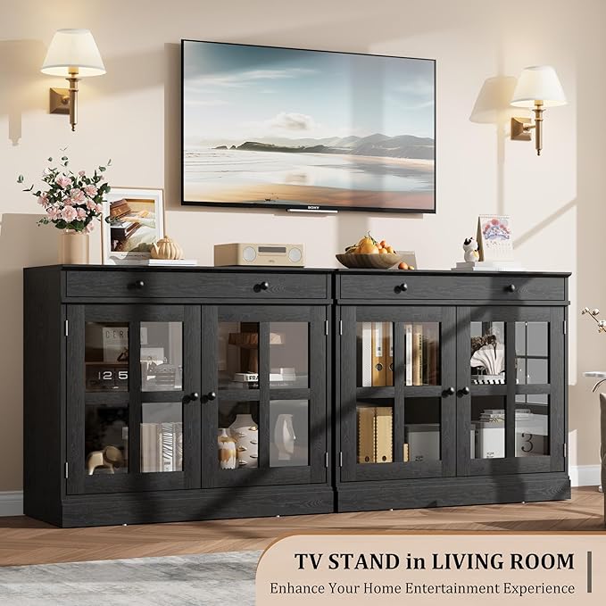 GarveeHome 35.4" Sideboard Buffet Cabinets with Glass Door, Buffet Cabinet with Storage, Black Sideboard Cabinet with Drawer, Modern Buffets & Sideboards for Dining Room, Kitchen