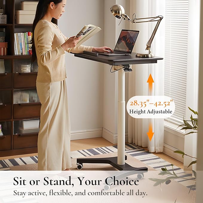 Adjustable Computer Desk, Solid Wood Folding Desk with Wheels, Mobile Home Office Laptop Table, Sit Stand Workstation, Rolling Desk, 28.35-42.52 H x 31.5 W x 19.69 D Inches, Black