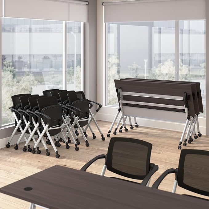 Bush Business Furniture Folding Training Table Set for 2, 72 inch Desk with Powered Grommets and 2 Chairs with Arms, Commercial-Grade Bundle for Office or Classroom, Envision Collection, Gray
