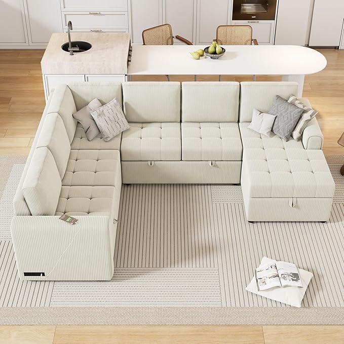 107.5" Corduroy U Shaped Sofa,Sectional Sleeper Couch Pull Out Bed with Storage Chaise,Convertible Corner Sofa-Bed w/Portable Handles and Smooth Wheels,2 USB,for Living Room,Beige