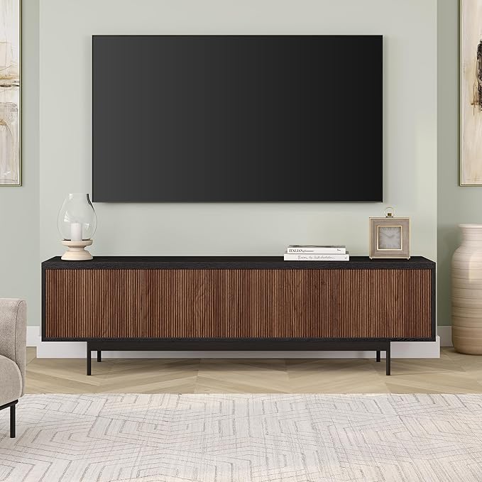Henn&Hart Rectangular TV Stand for TV's up to 75" in Natural Black/Medium Walnut, for Home, Living Room, Bedroom, Entertainment Room, Office