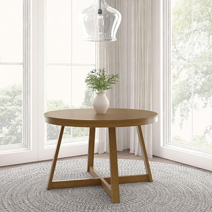 Plank+Beam Round Dining Table, 47 Inch Solid Wood Kitchen Table, Farmhouse Round Table for 4, Small Dinette Table, Pecan Wirebrush