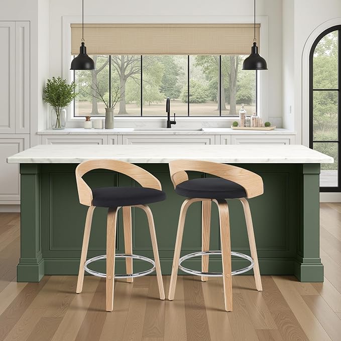 Sonia Modern Swivel Counter Height Bar Stool with Black Upholstered Seat and Patterned Oak Wood Finish Set of 3