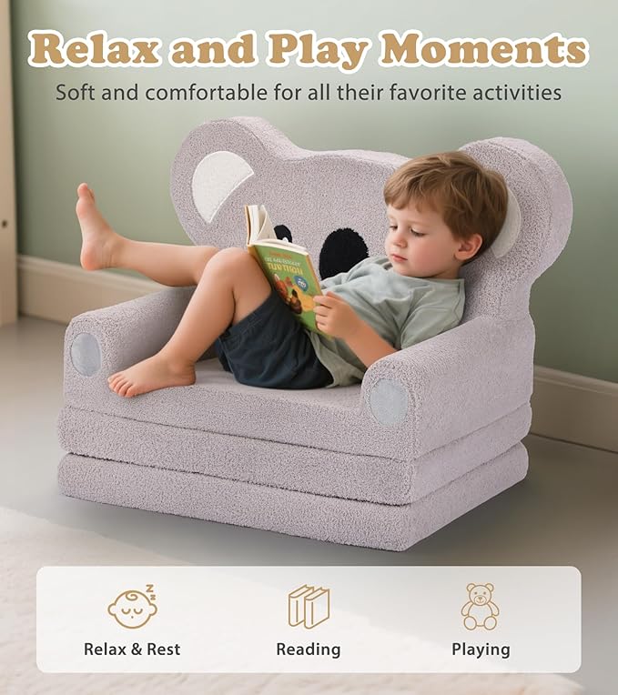 Kids Couch, 2-in-1 Soft Toddler Couch Fold Out with Blanket, Chair Comfy, Foldable Convertible Plush Sofa to Lounger, Gifts for Kids Girl Boys, Koala