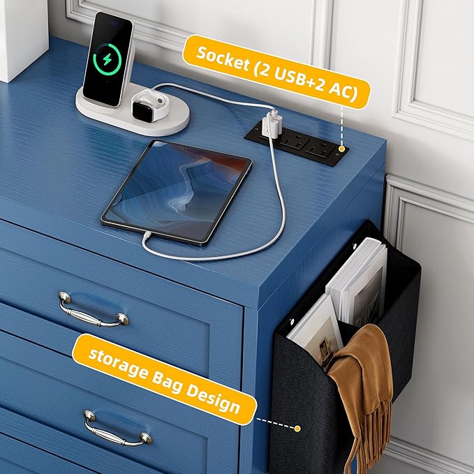 YITAHOME Drawers TV Stand for 65 inches with Power Outlets -Chest of Drawers Dresser with Side Organizer Bag Entertainment Center TV Console, Blue