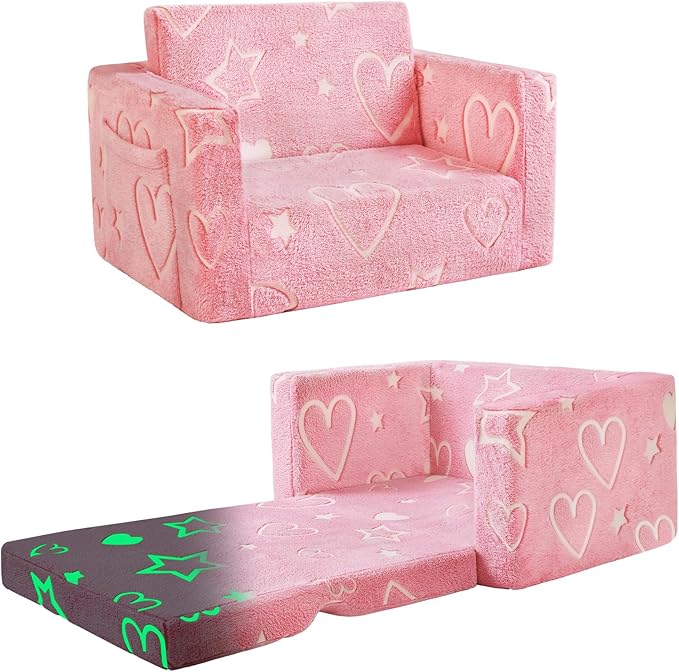 Toddler Chair Comfy,2-in-1 Soft Toddler Couch Fold Out for Kids,Convertible Sofa to Lounger,Gift for Girls and Boys Birthday,Heart,Medium