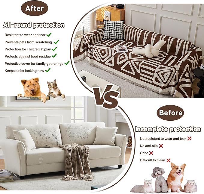 HANDONTIME Chocolate Boho Couch Cover Reversible Sofa Covers for 3 Cushion Washable Chenille Couch Protector, 71" X150