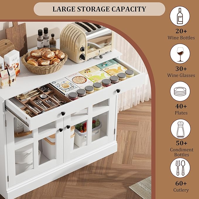 GarveeHome 35.4" Sideboard Buffet Cabinets with Glass Door, Buffet Cabinet with Storage, White Sideboard Cabinet with Drawer, Modern Buffets & Sideboards for Dining Room, Kitchen