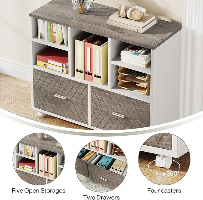 Tribesigns 2-Drawer Wood File Cabinet, Mobile Lateral Filing Cabinet for Hanging Letter Size Files, Printer Stand with Open Storage Shelves for Home Office (Grey & White)