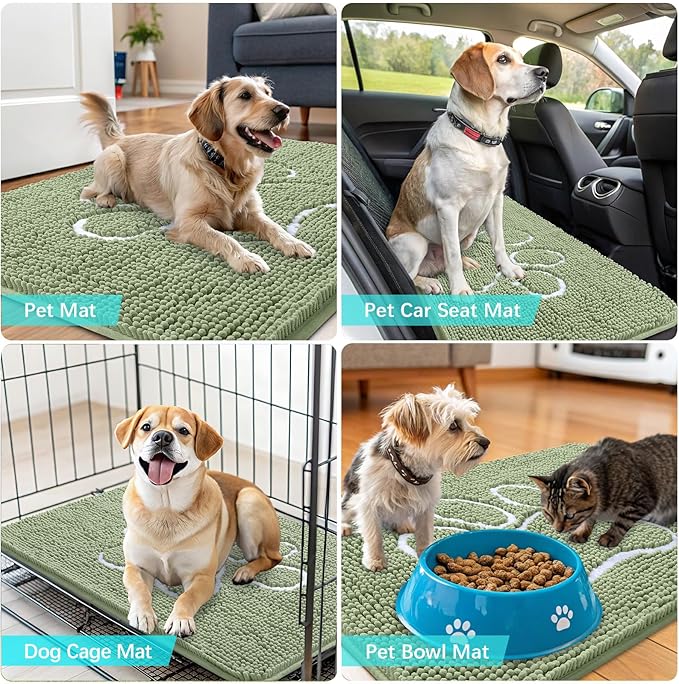 OLANLY Door Mat for Muddy Dog Paws 36x24, Ultra Absorbent Chenille Mud Doormat with Paw Print Design, Non-Slip Washable Doormat for Indoor Entryway, Quick-Dry Pet Bed Mats for Dirty Dogs, Sage Green