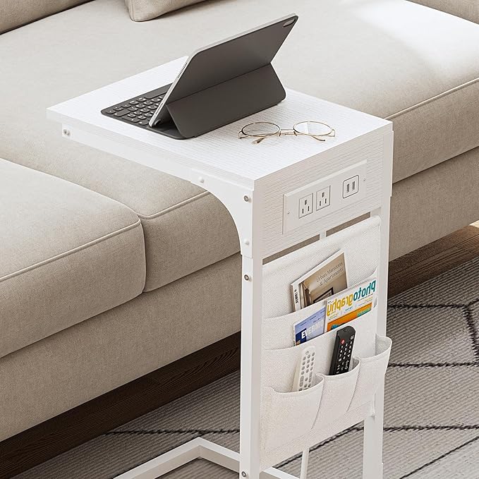 TUTOTAK C Shaped End Table with Charging Station, Side Table for Sofa, Couch Table with Storage Bag, TV Tray Table with 2 USB Ports and Outlets for Living Room, Bedroom, White TB01BW024