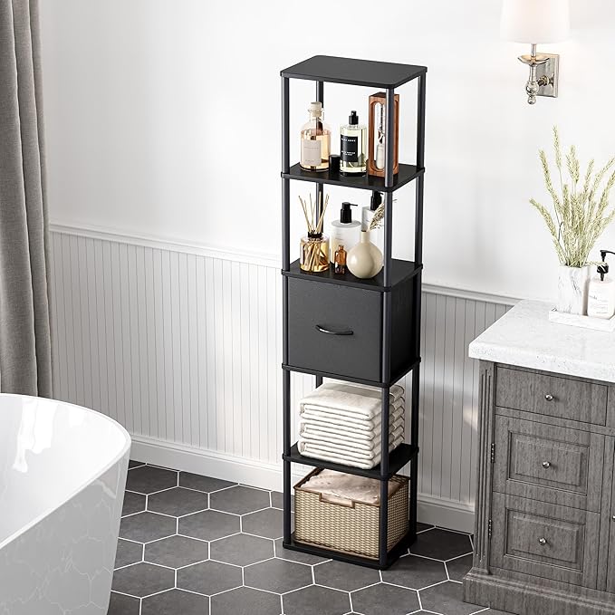 6-Tier Bookshelf with Drawer, Narrow Bookshelves Organizer, Floor Standing Ladder Shelf, Tall Bookcase for Small Space, Book shelf with Storage for Living Room, Bedroom, Office, Study Black HBC505B