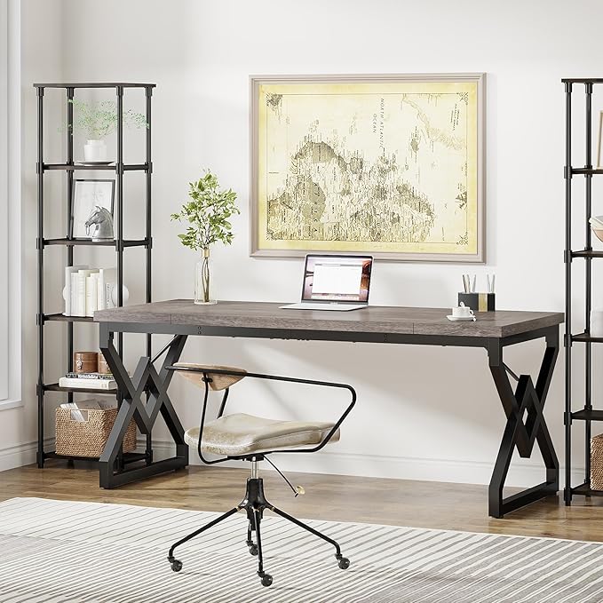 Tribesigns 63 Inch Executive Desk, Large Office Computer Desk with Extra Thick Wooden Tabletop and Metal Frame, Modern Simple Workstation Writing Table Study Desk for Home Office, Gray