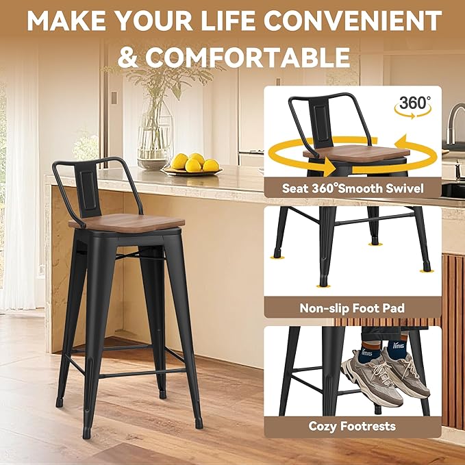 24 Inch Swivel Bar Stools Set of 4 with Backs Counter Height Industrial Metal Barstools Island Bar Chairs for Home Kitchen Dining Room (Swivel 24 inch,Matte Black Wooden)