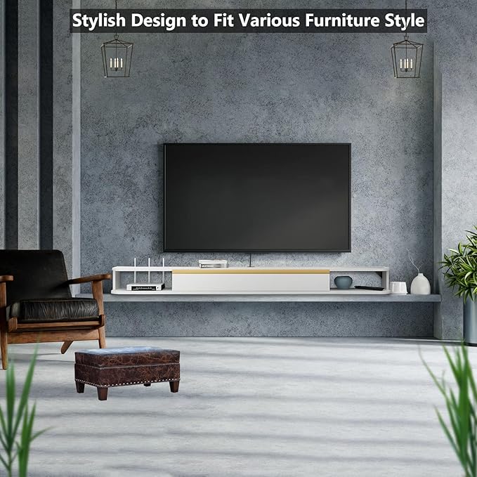 Floating TV Stand, 95'' Wall Mounted Entertainment Center TV Media Console, Floating Shelves with Door, Floating TV Cabinet Large Storage TV Bench for Living Room (White, 94.49IN)