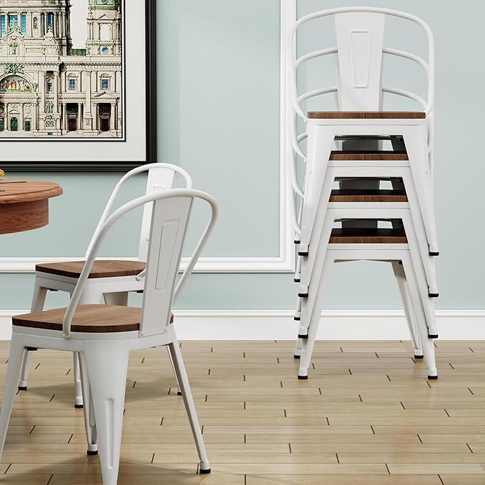 18 Inch Metal Dining Chairs,Arlunar Farmhouse Chairs Set of 4 White Dining Room Chairs Stackable with Back and Wooden Seat bar stools