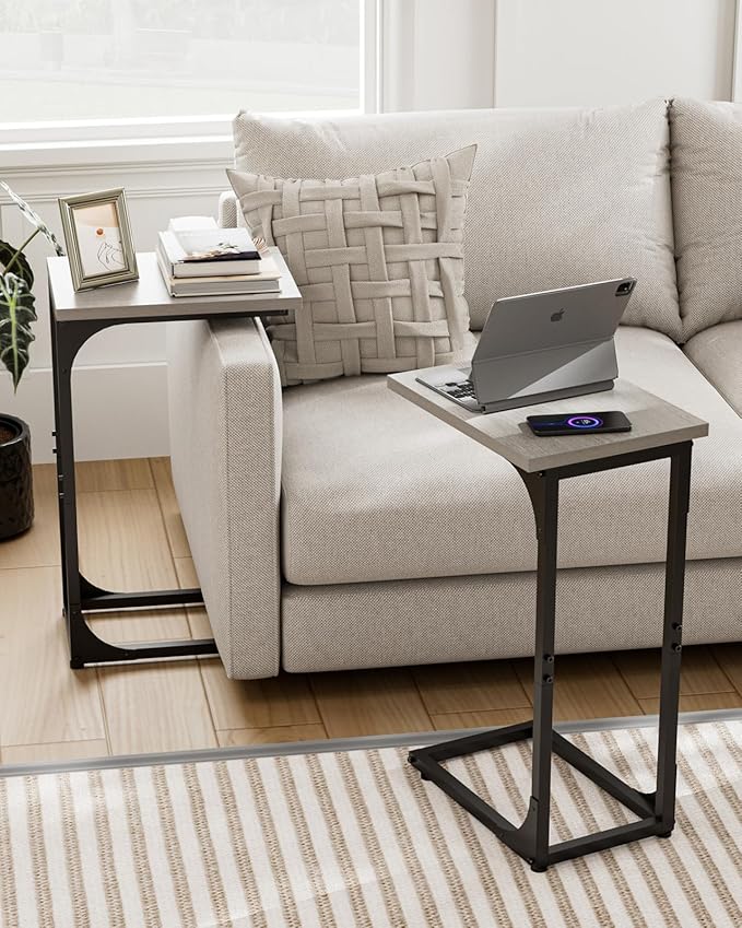 C-Shaped Side Table for Couch - Small Coffee Stand Sofa Tray Desk with Metal Frame and Waterproof Scratch Resistant, Modern End Accent for Living Room, Bedroom, Set of 2, Greige
