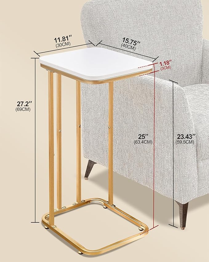 C Shaped End Table Set of 2, 27 Inches High Small Side Table for Sofa and Bed, Couch Table That Slides Under, Tall Tv Tray Table for Living Room, Bedroom, Metal Frame, Gold & Snow White