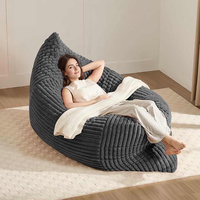 3-in-1 Giant Bean Bag Chair for Adults & Kid, Convertible Floor Sofa to Mattress, High-Density Foam Chair Bed with Washable Cover, Multi Functional Lounge Couch for Bedroom, Living Room (Dark Grey)