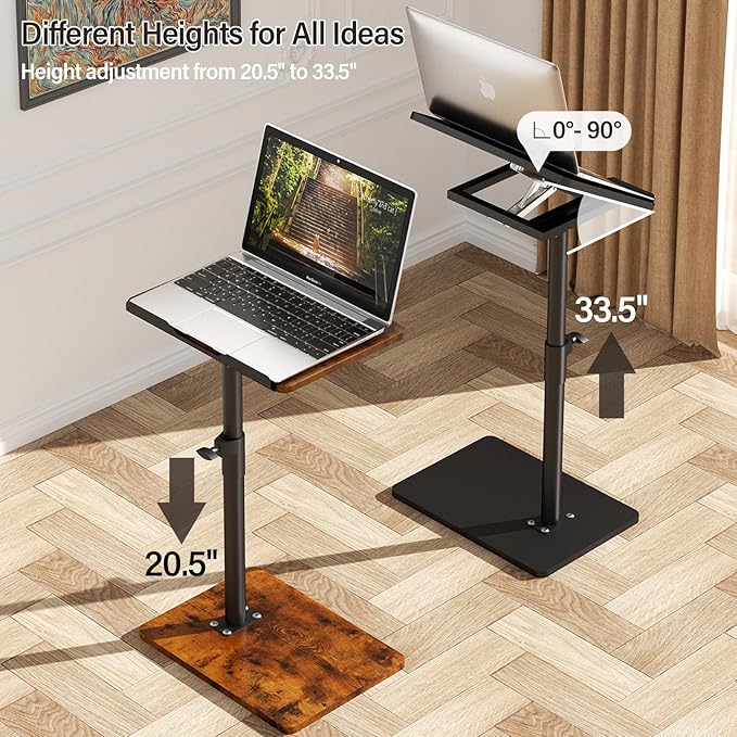 Sofa Armrest Tray Table for Couch - 360° Swivel Height Adjustable End for Small Spaces, Snack Side Table for Bed or Chair with Phone & Tablet Slot (Black,Angle Adjustable)