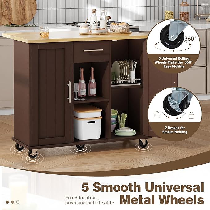 Shintenchi Kitchen Island with Storage, Bar Cart Cabinet Island Table on Wheels, Rolling Microwave Cart for Kitchen with Drop Leaf, Drawers, Towel Rack, Seating Area for Dining Room, Brown