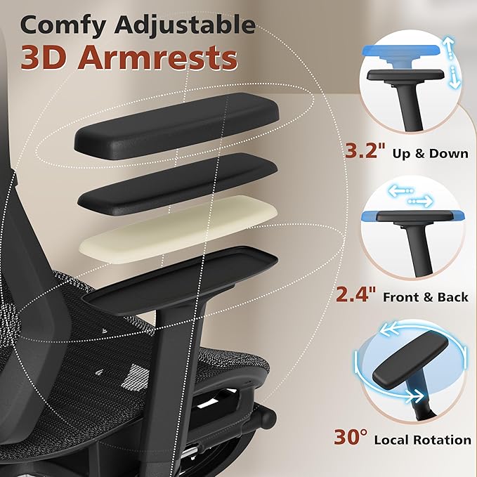 Ergonomic Office Chair with Foot Rest, Home Mesh Desk Chair with Adjustable Lumbar Support, 3D Armrest, 3D Headrest, 90°-135° Lockable Reclining Function, Comfy High Back Swivel Computer Gaming Chairs