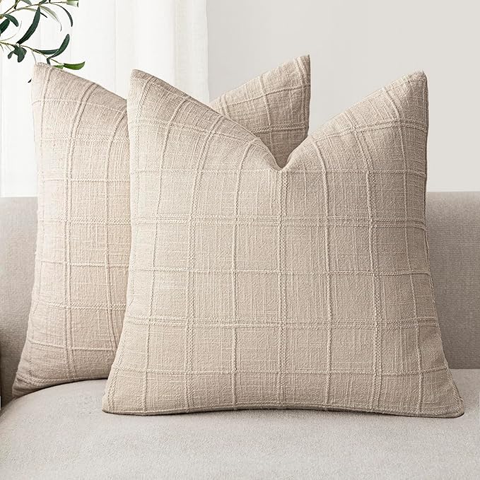 Foindtower Set of 2 Decorative Linen Check Throw Pillow Covers Neutral Farmhouse Vintage Cushion Covers Modern Boho Home Decor For Sofa Chair Couch Bedroom Living Room Outdoor,26×26 Inch,Natural Linen